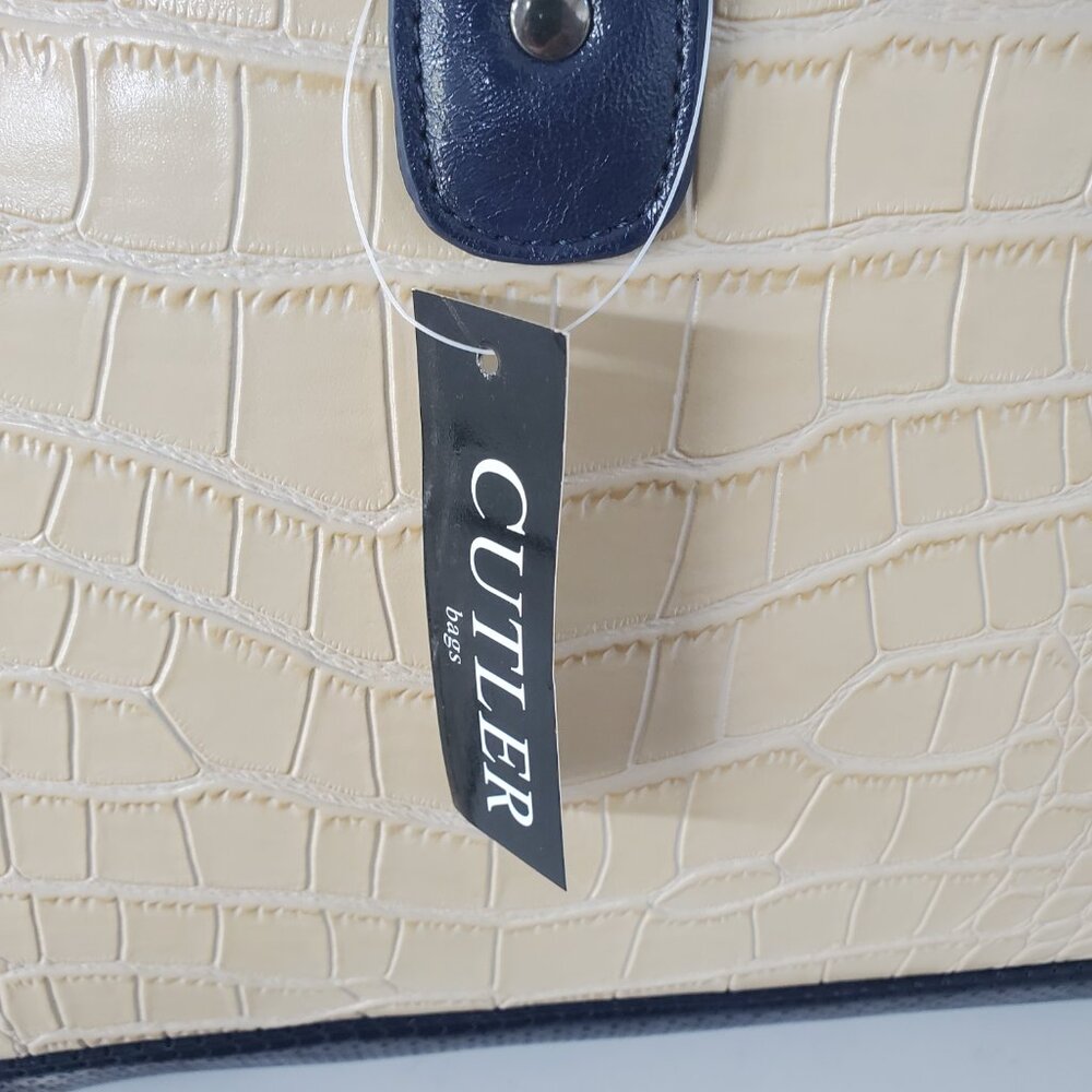 Cutler Cream & Navy Croc Embossed Travel  Bowling Bag Duffle Style Satchel Bag - Picture 7 of 15